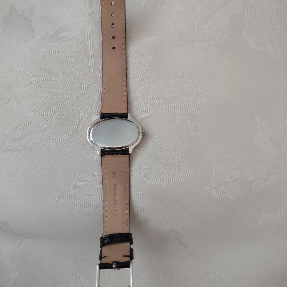 Cache Oval Crystals Pink Mother Of Pearl Watch Lizard Black Leather Strap